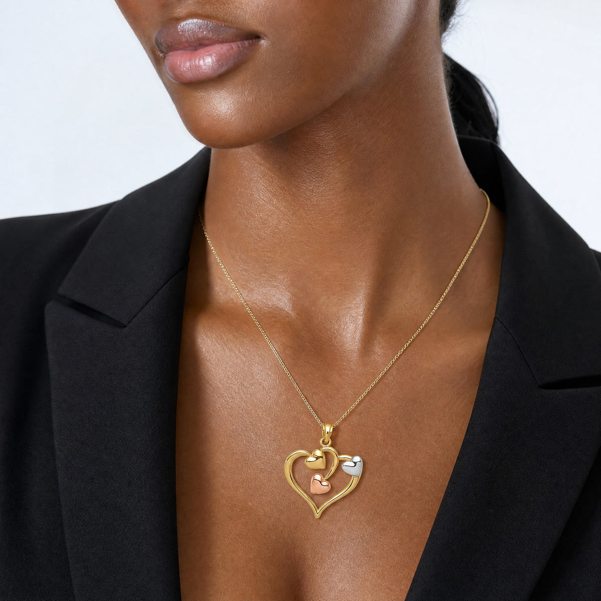14K Two-tone and White Rhodium Polished Hearts Pendant - Model Shot