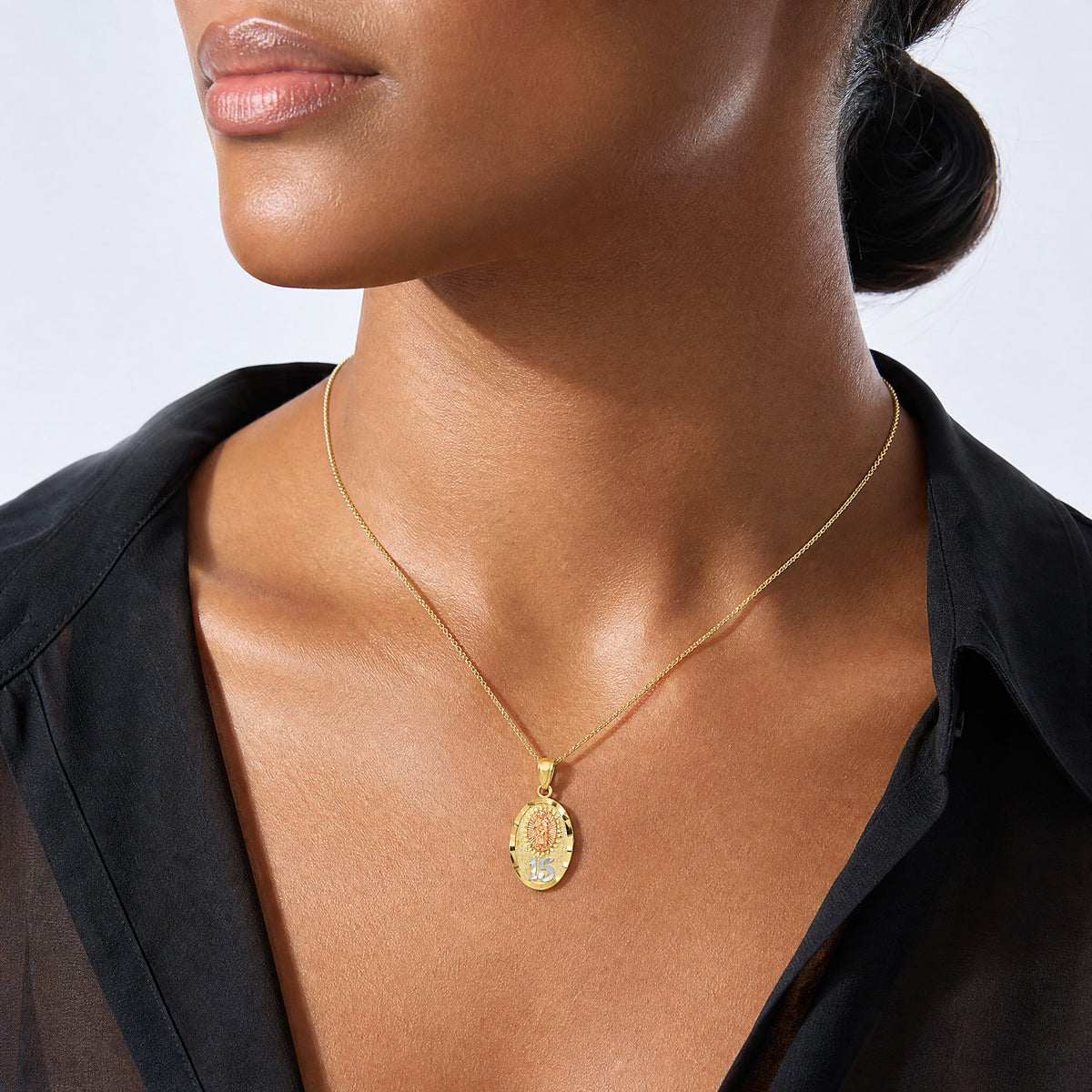 14k Two-tone w/White Rhod D/C Lady of Guadalupe 15 Pendant - Model Shot