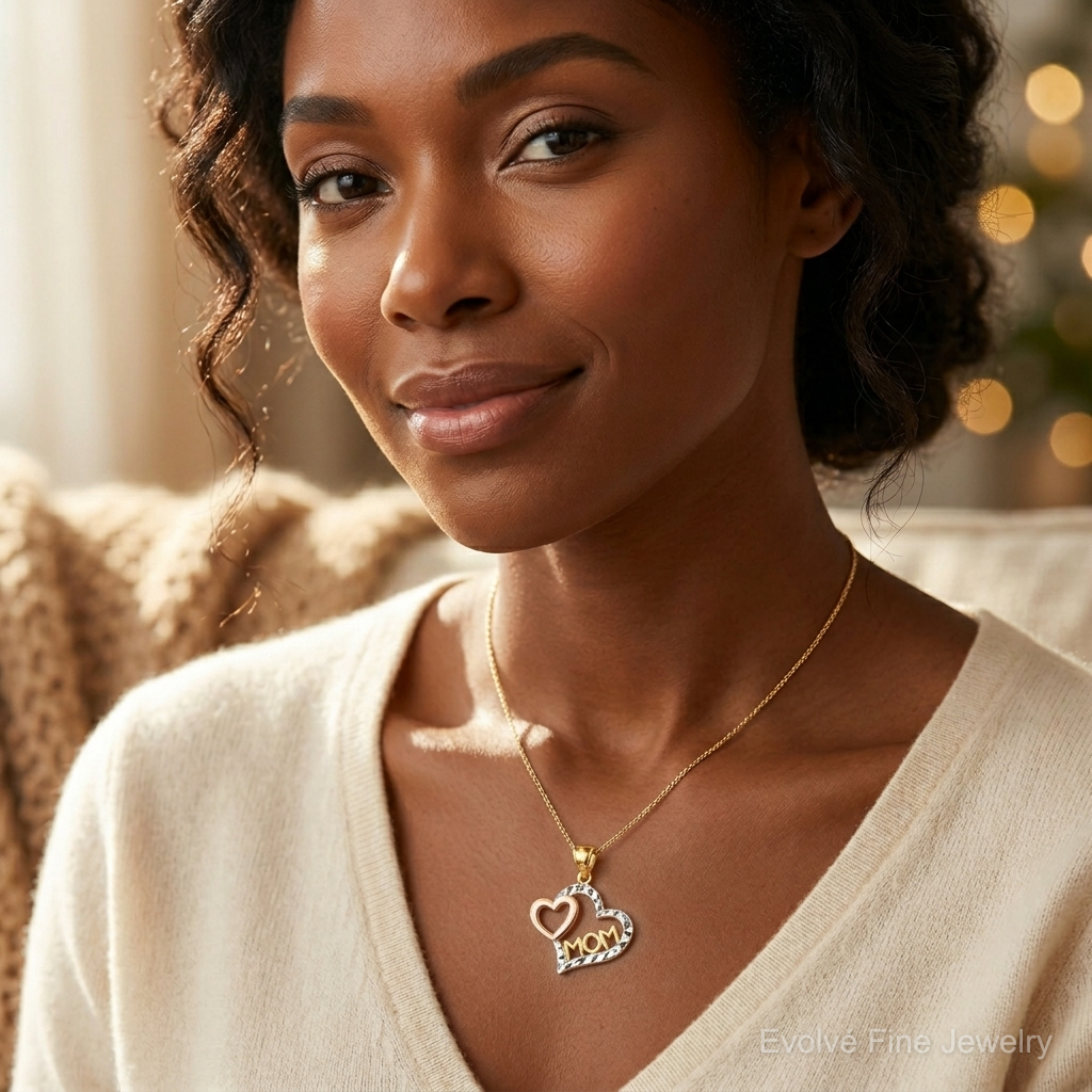 14k Two-tone w/White Rhodium Diamond-cut MOM in Heart w/Heart Pendant - Model Shot