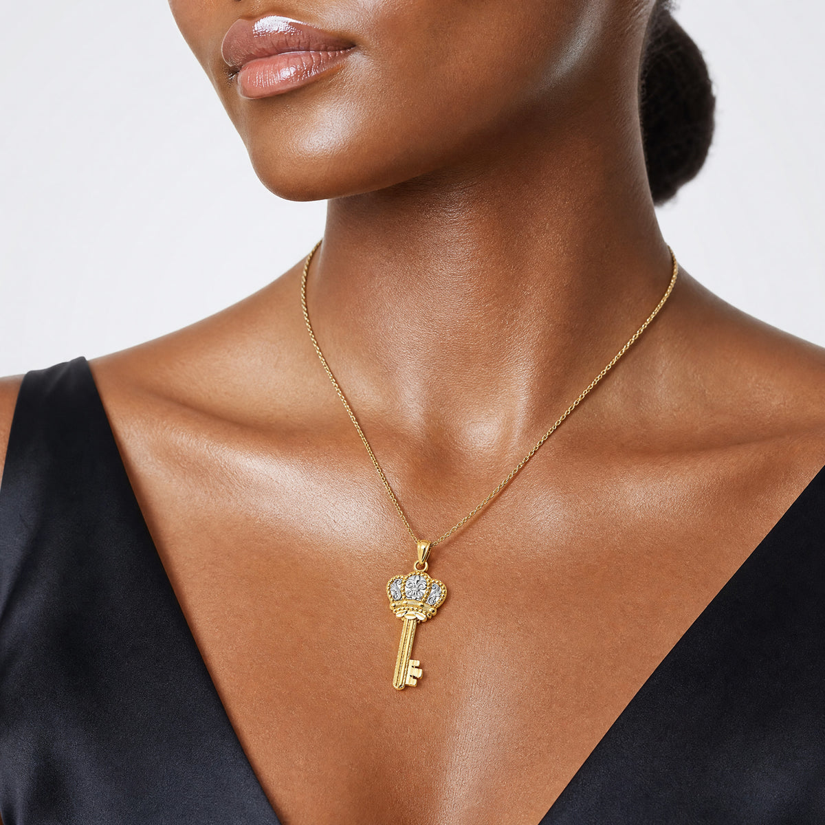 14K w/White Rhodium Polished Fleur De Lis Crown Key Charm - Model Shot