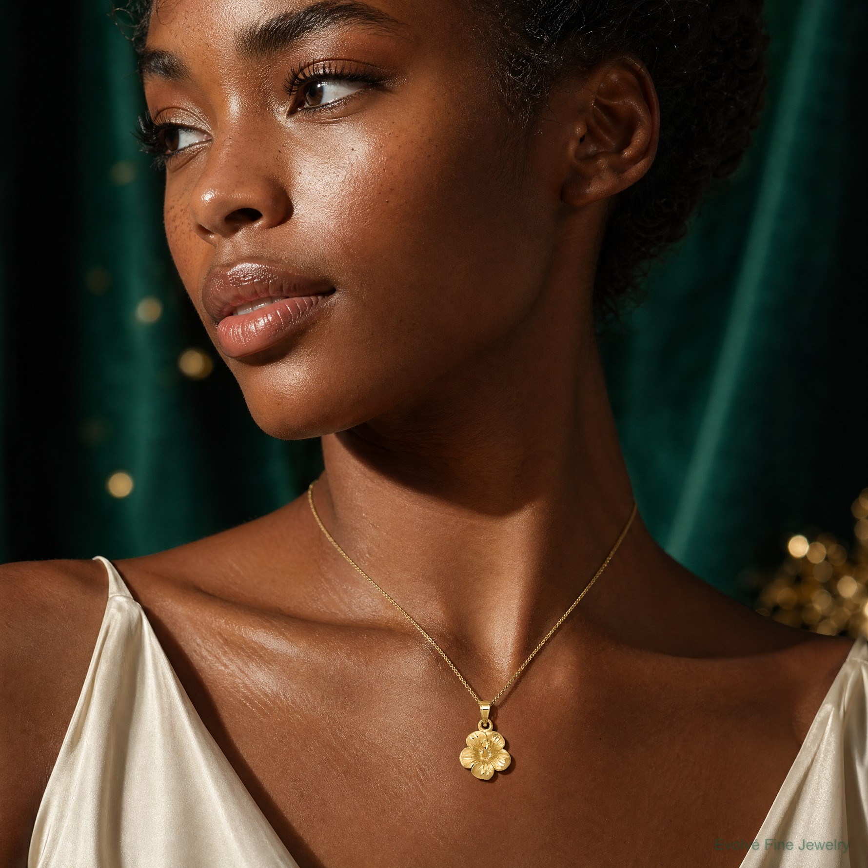 14k Satin Diamond-cut Hibiscus Flower Pendant - Model Shot