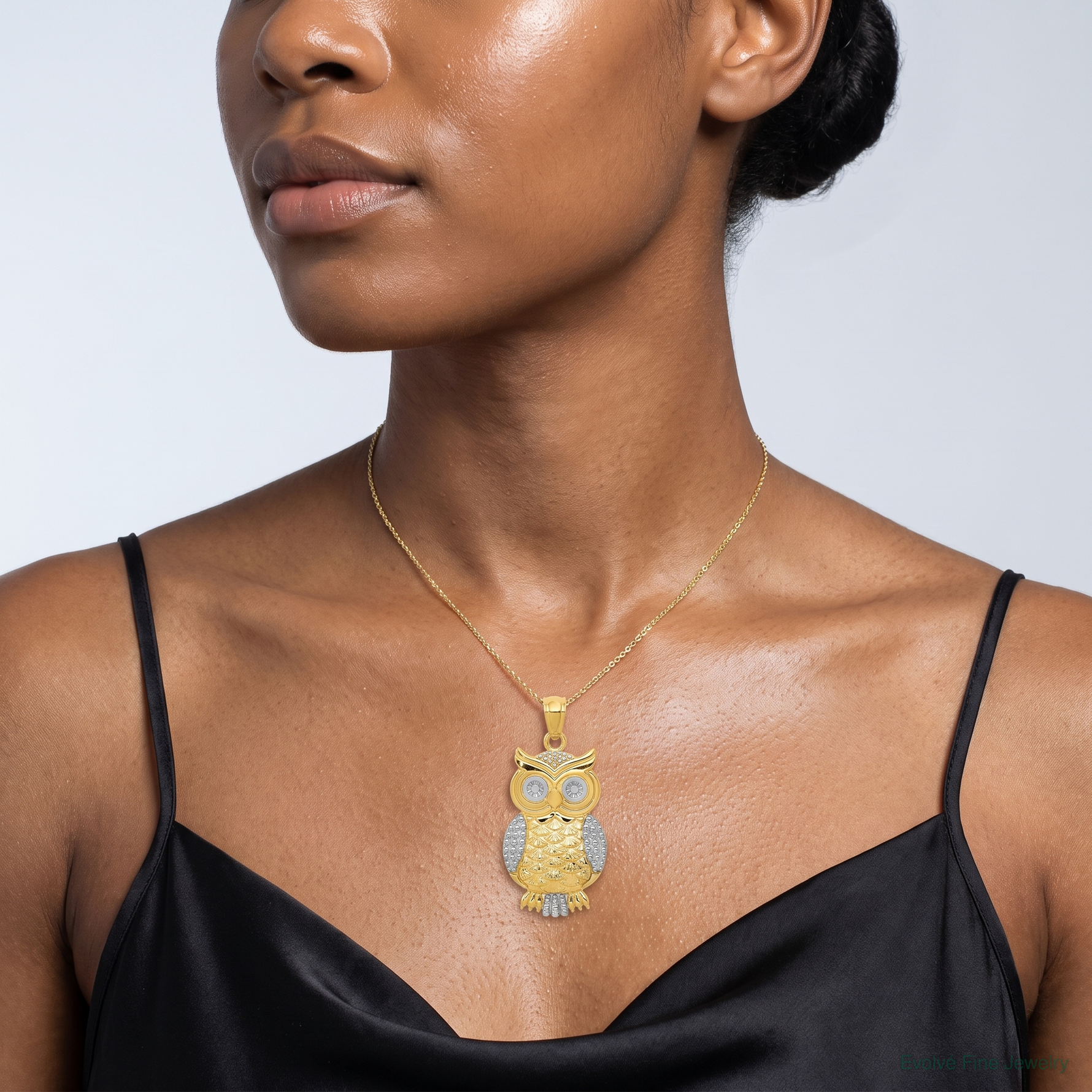 14K w/ Rhodium Polished / Textured Owl Pendant - Model Shot