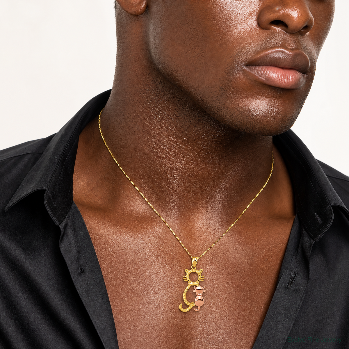 14k Yellow and Rose Polished Diamond-cut Sitting Cats Pendant - Model Shot
