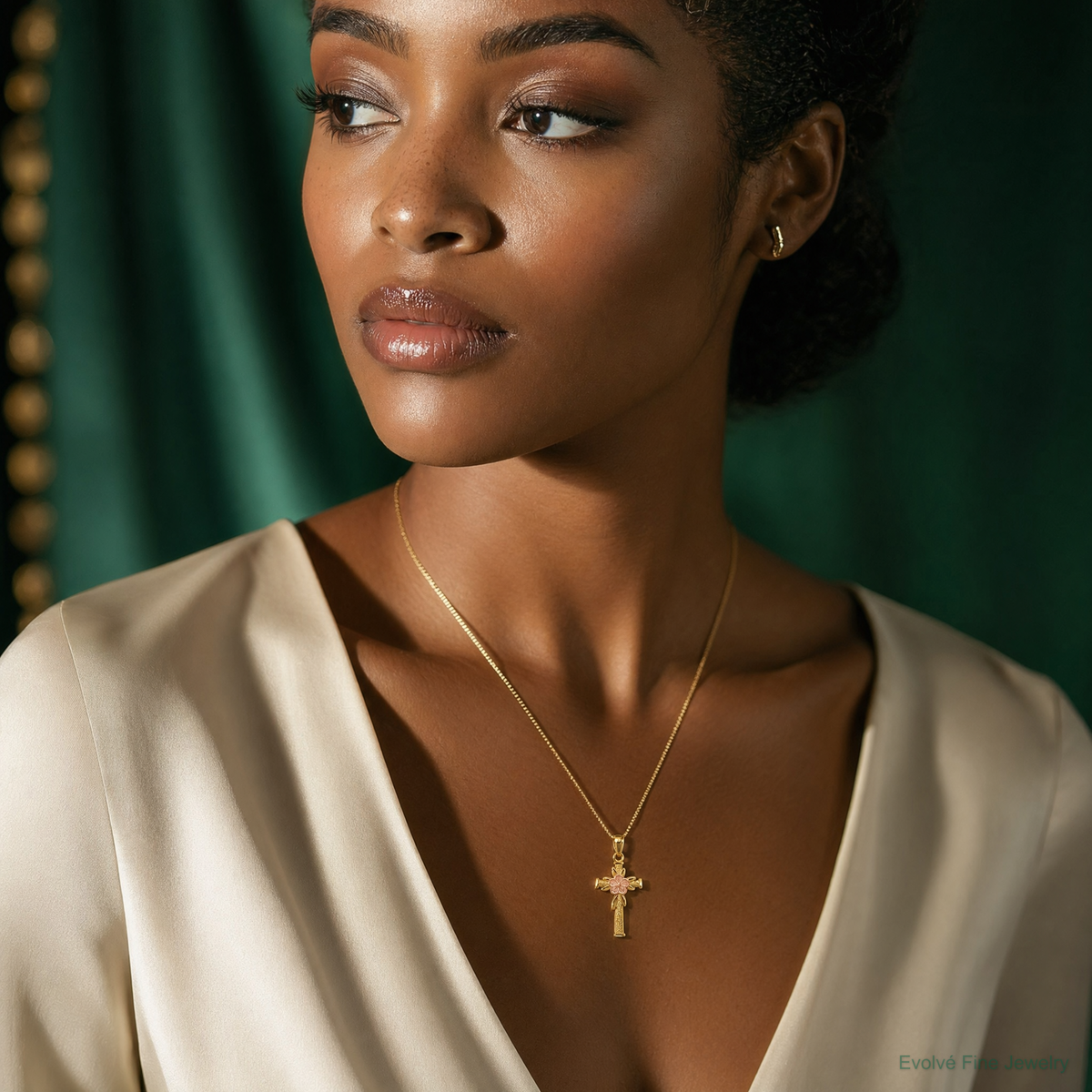 14K Two-tone Polished D/C Cross w/Flower Pendant - Model Shot