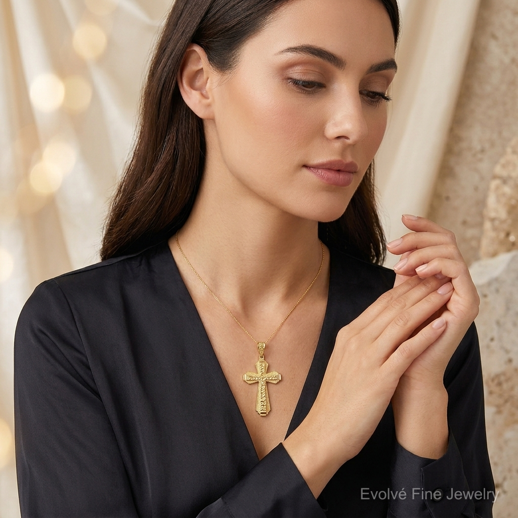 14k Diamond-cut Center Cross Pendant - Model Shot