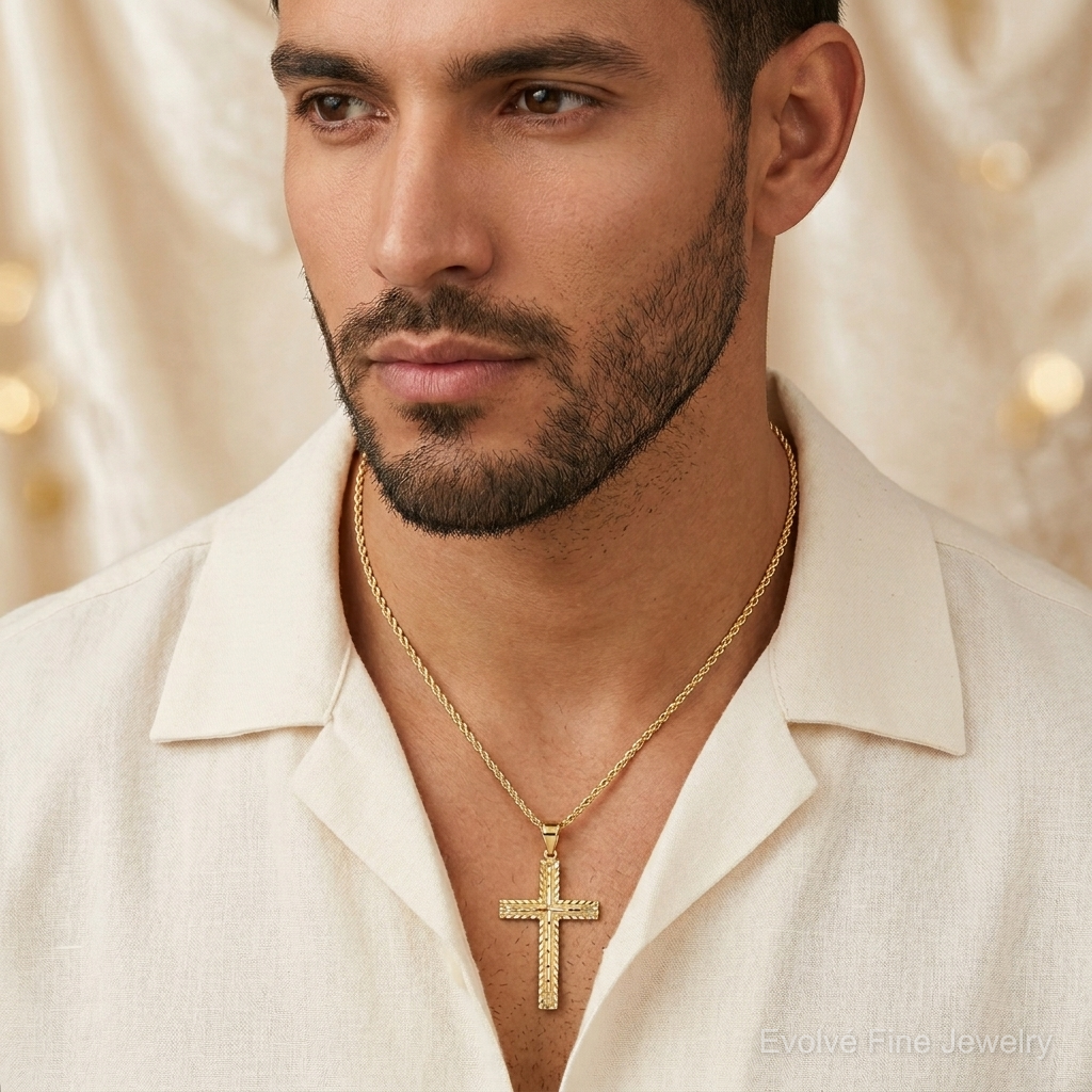 14k Polished and Textured Diamond-cut Latin Cross Pendant - Model Shot