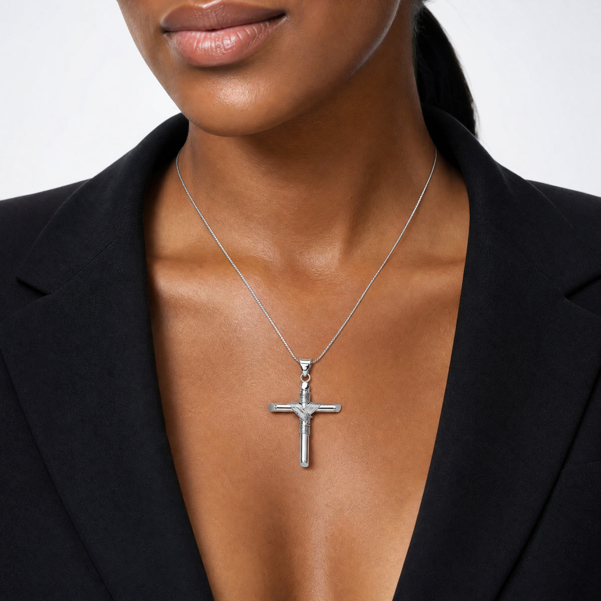 14K White Gold w/Center Wrap Tube Cross Pendant - Model Shot