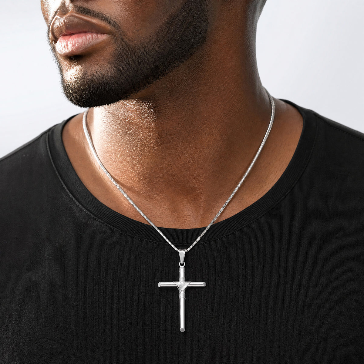14K White Gold w/Center Wrap Tube Cross Pendant - Model Shot