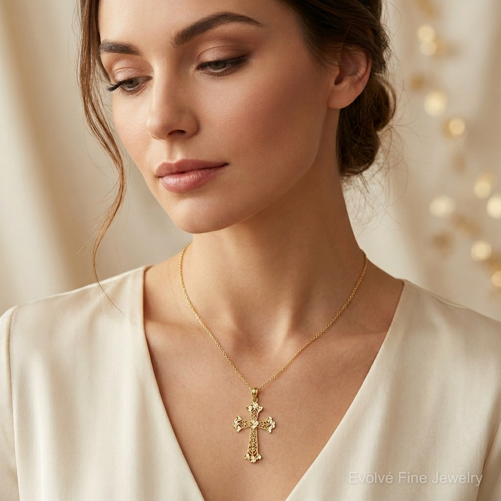 14k Diamond-cut Polished Filigree Hearts Cross Pendant - Model Shot