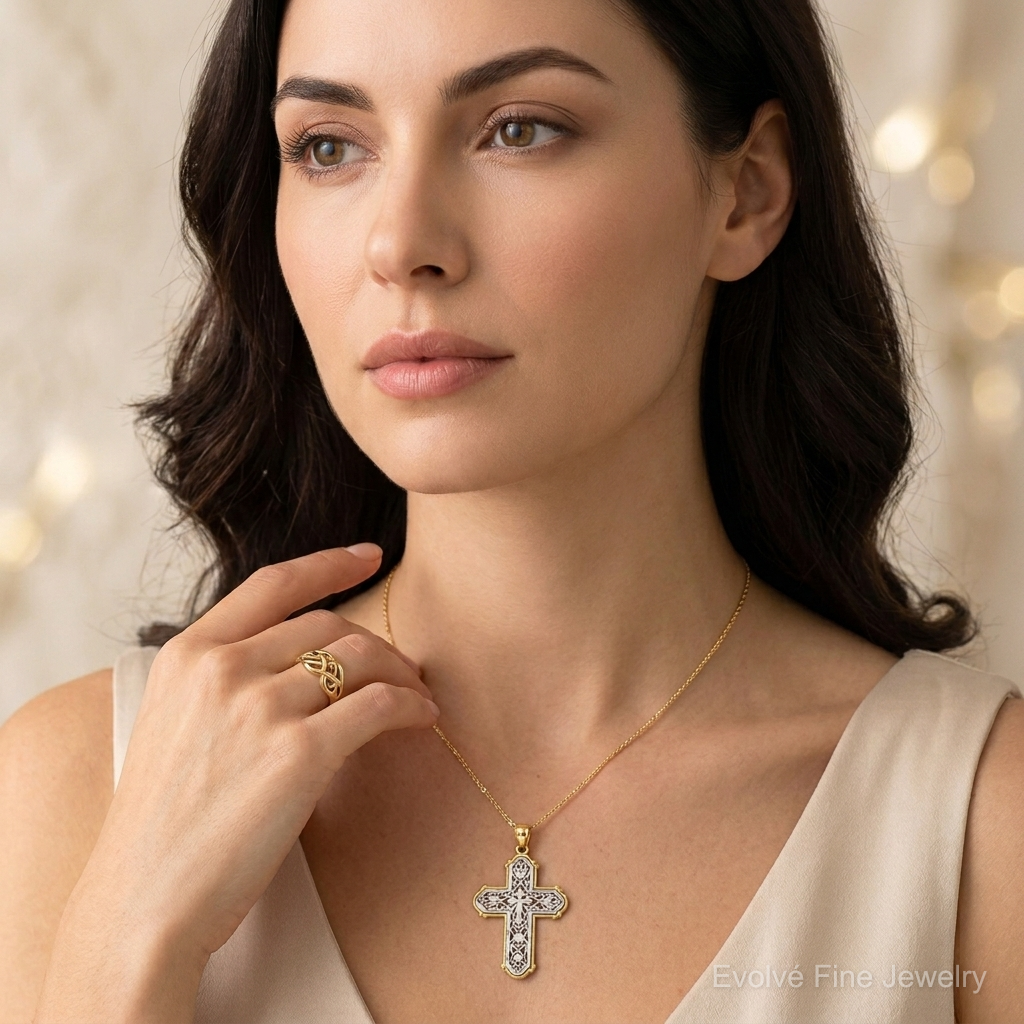 14k w/Rhodium Reversible Diamond-cut Filigree Cross Pendant - Model Shot