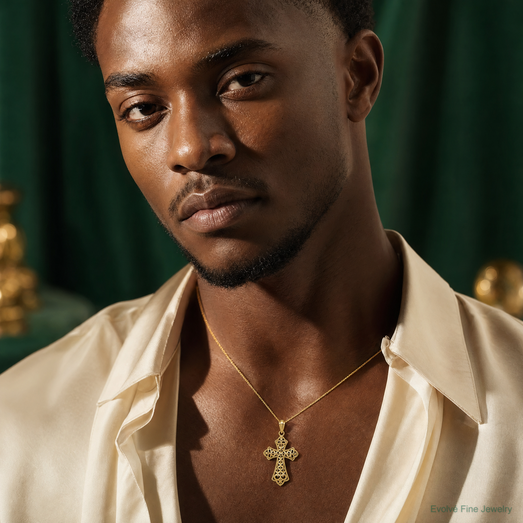 14k Polished Filigree Cross Pendant - Model Shot