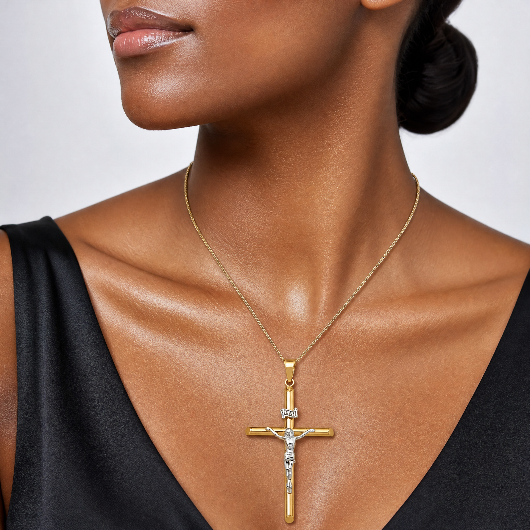 14k Two-Tone Polished Jesus Crucifix Pendant - Model Shot