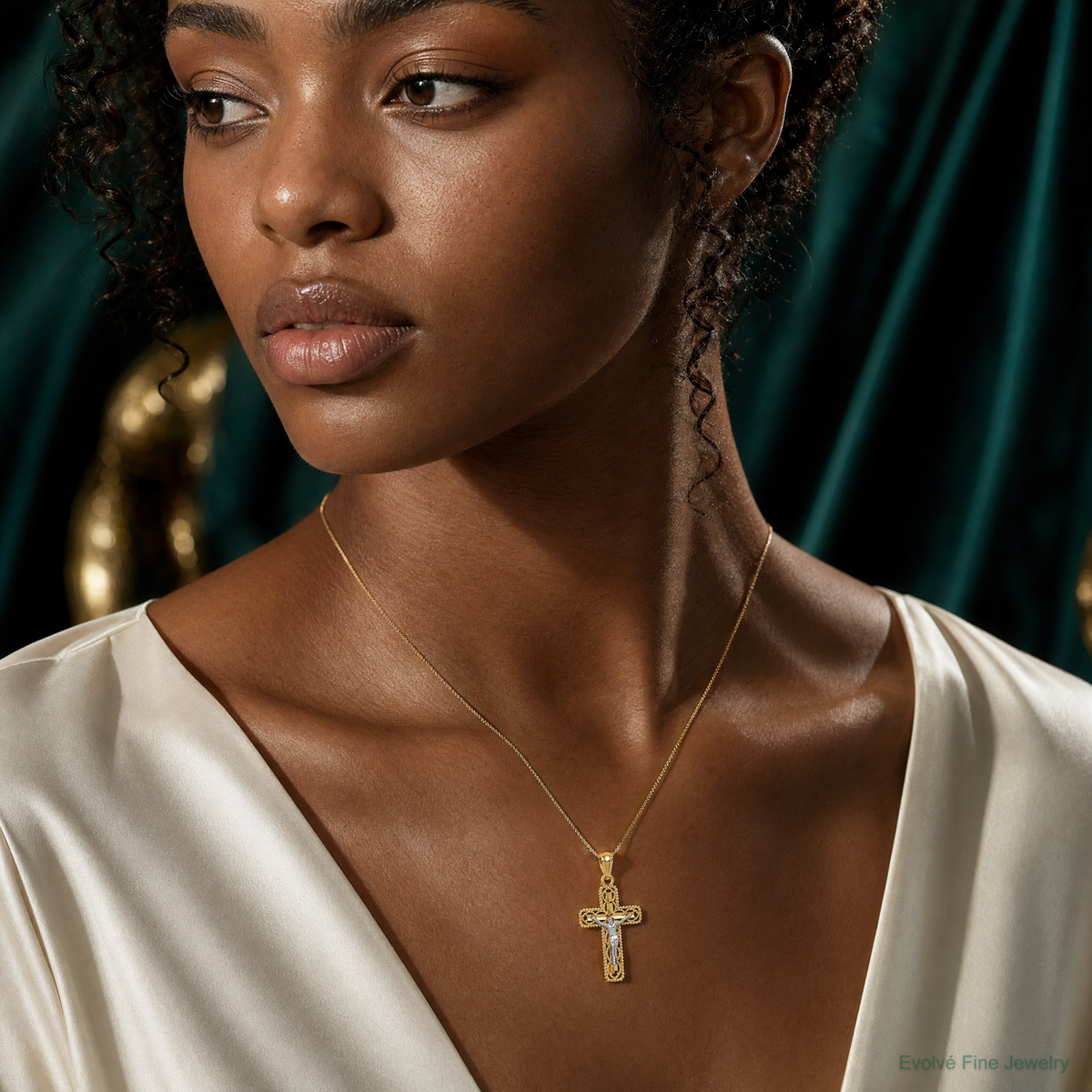 14k Two-tone Polished Crucifix Pendant - Model Shot