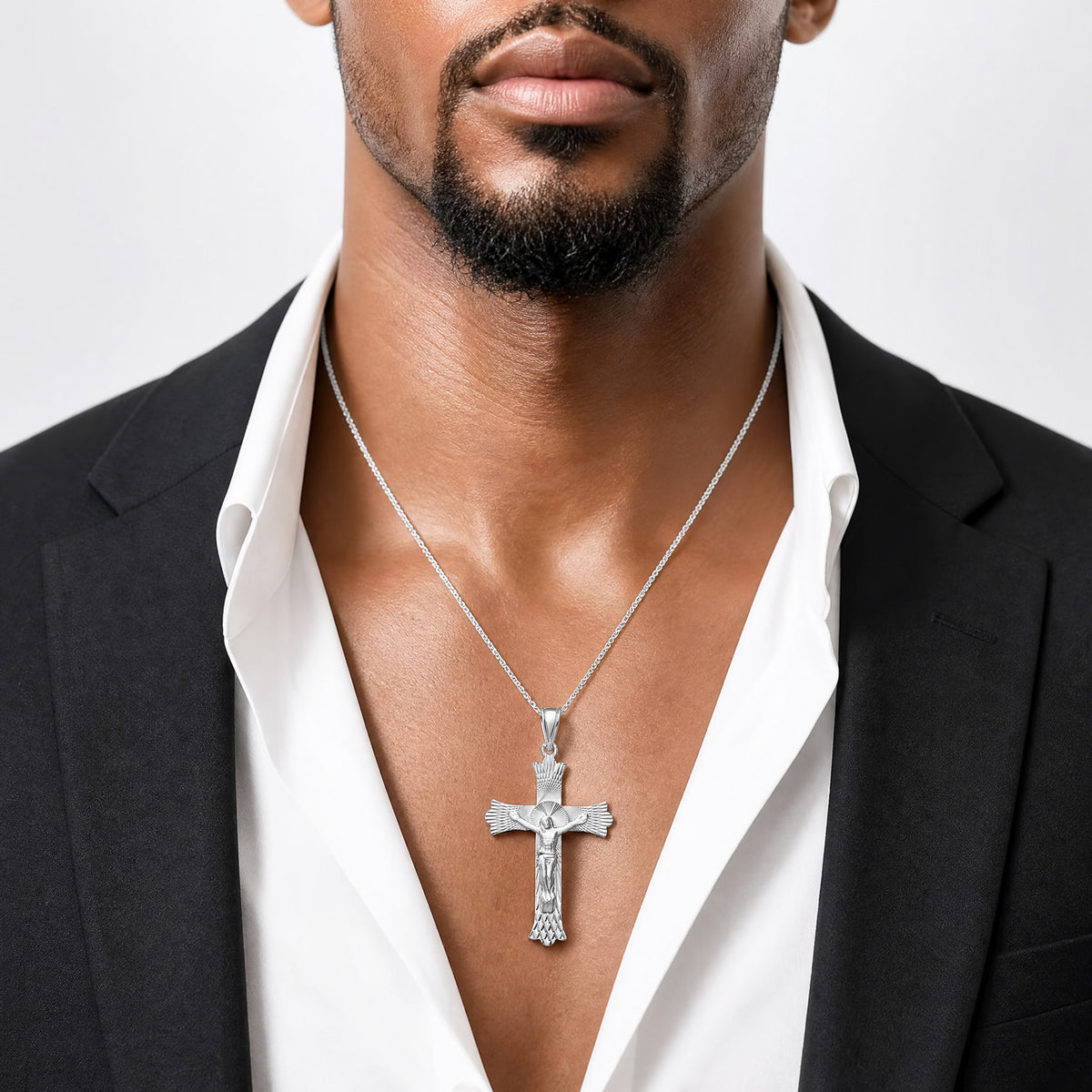14k White Gold Crucifix Pendant - Model Shot