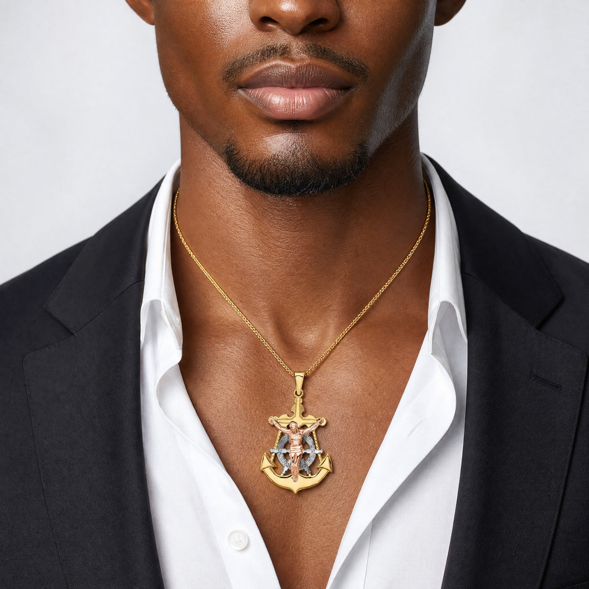 14k Tri-Color Mariner Crucifix Pendant - Model Shot