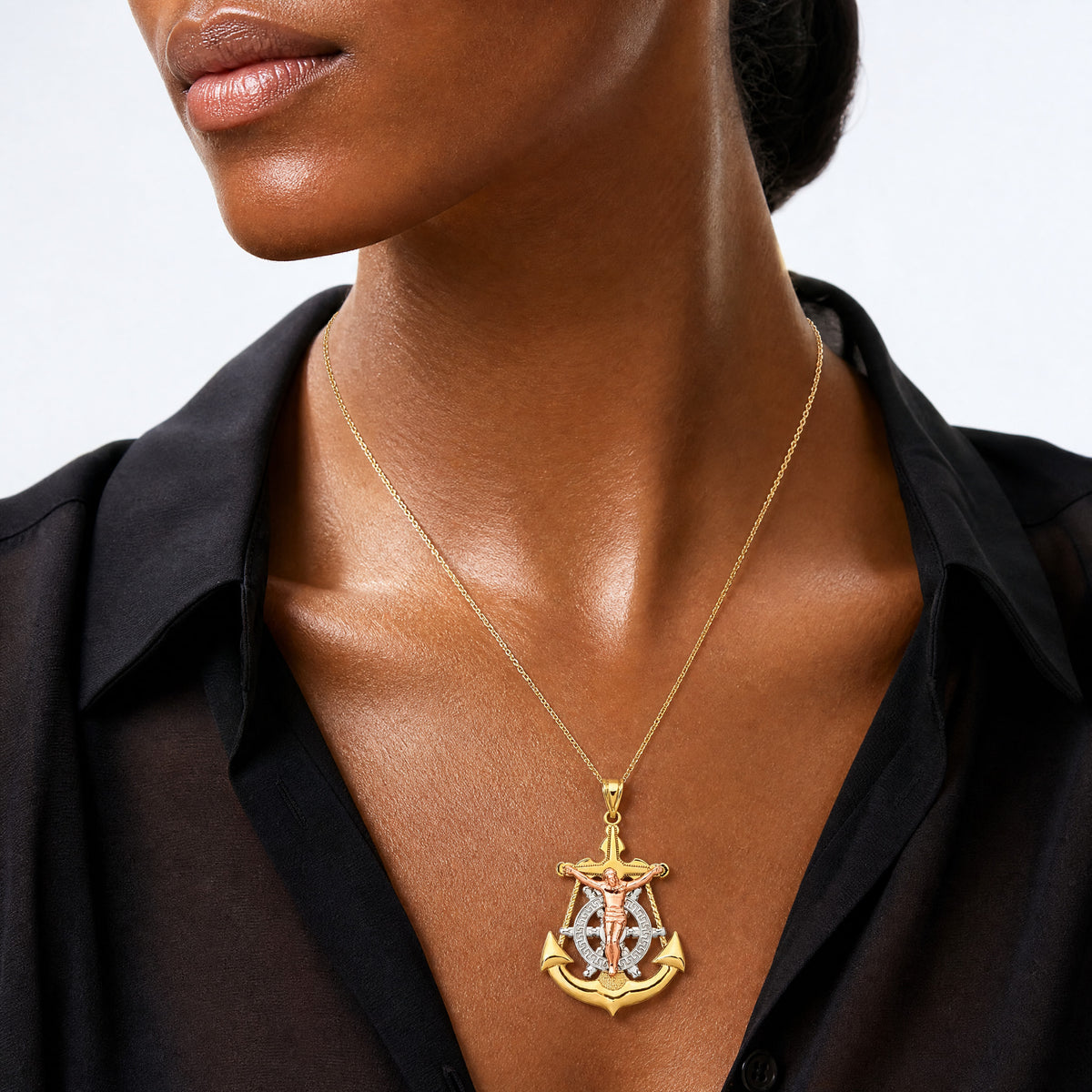 14k Tri-Color Mariner Crucifix Pendant - Model Shot