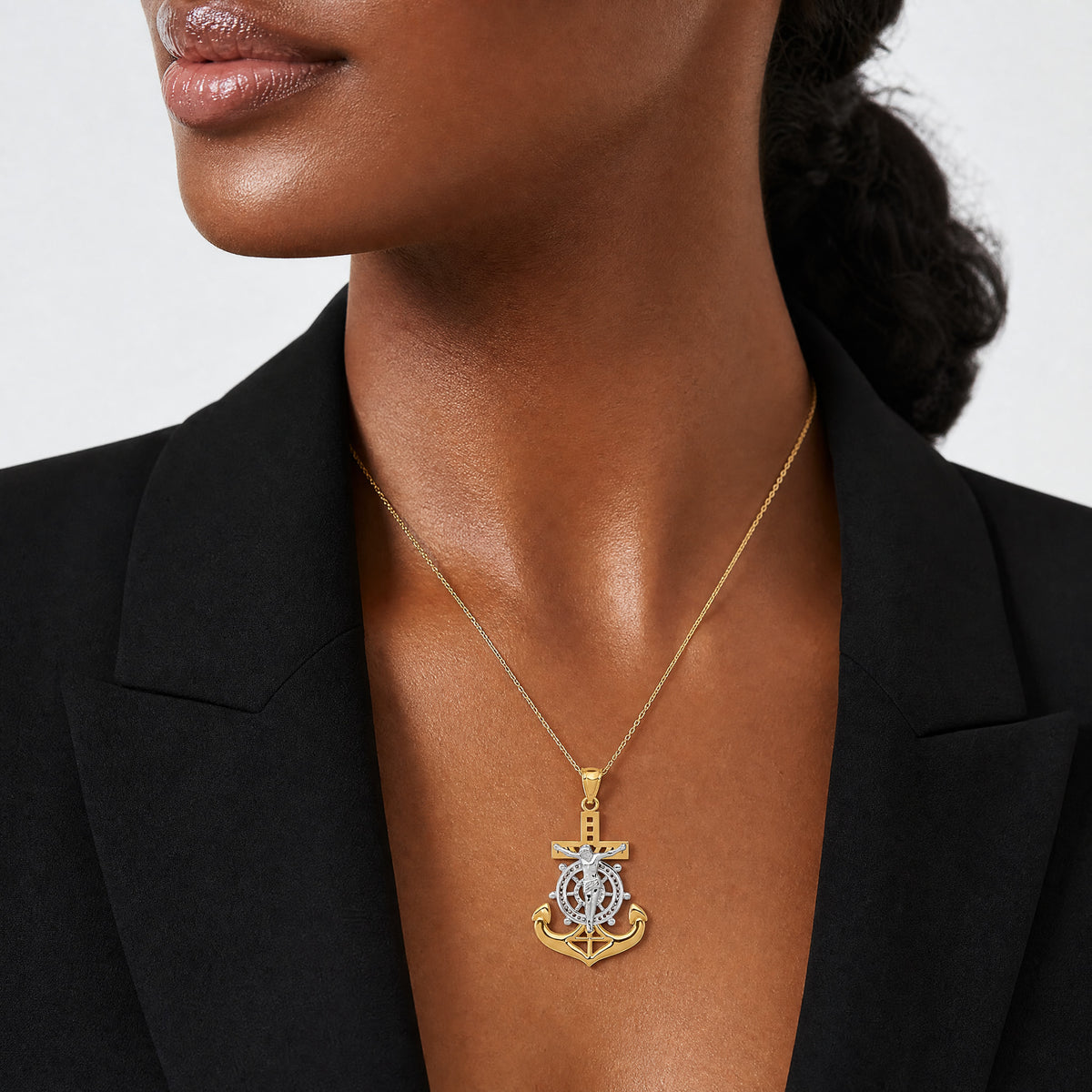 14k w/Rhodium Polished Mariners Crucifix Pendant - Model Shot