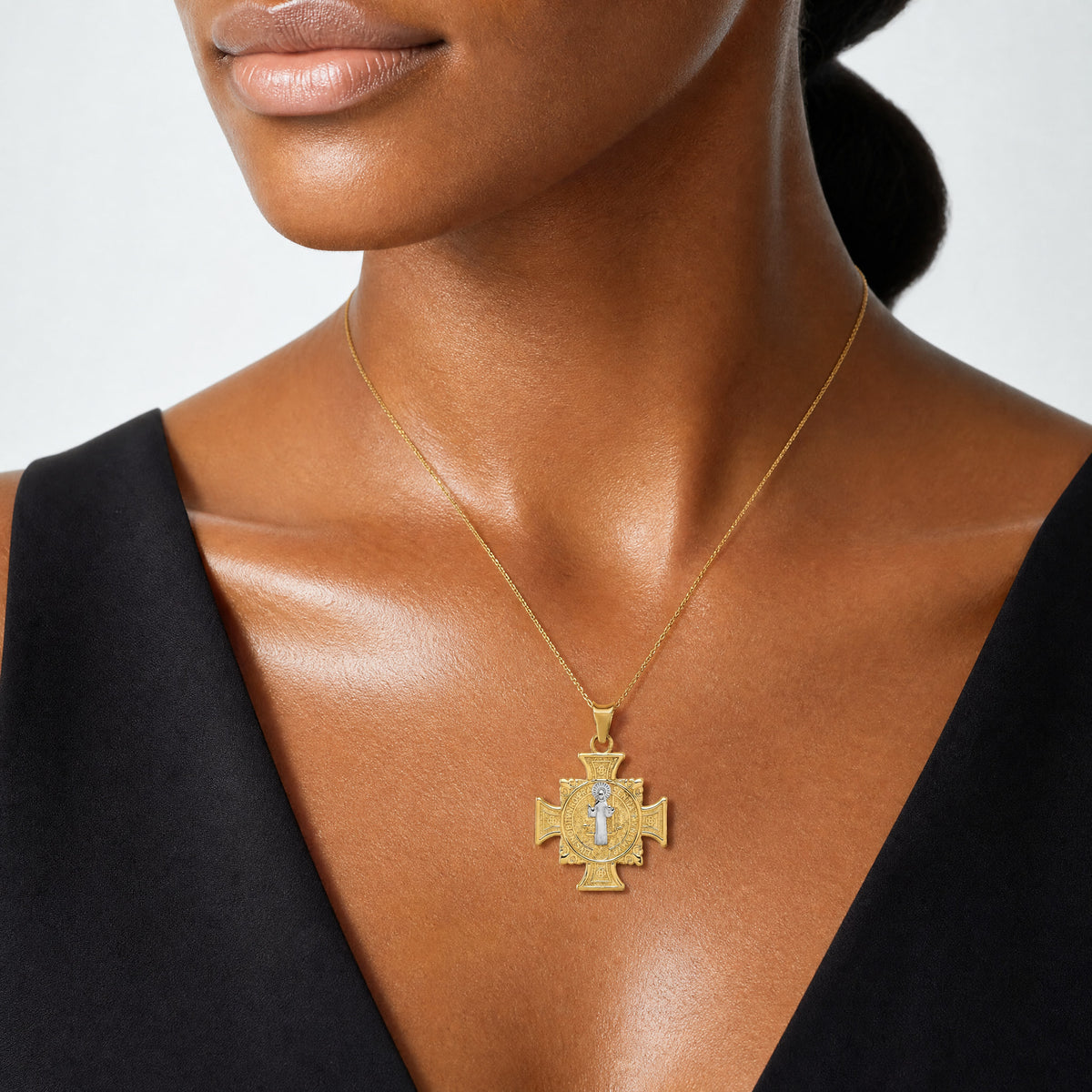 14K w/Rhodium St. Benedict Semi-solid Pendant - Model Shot