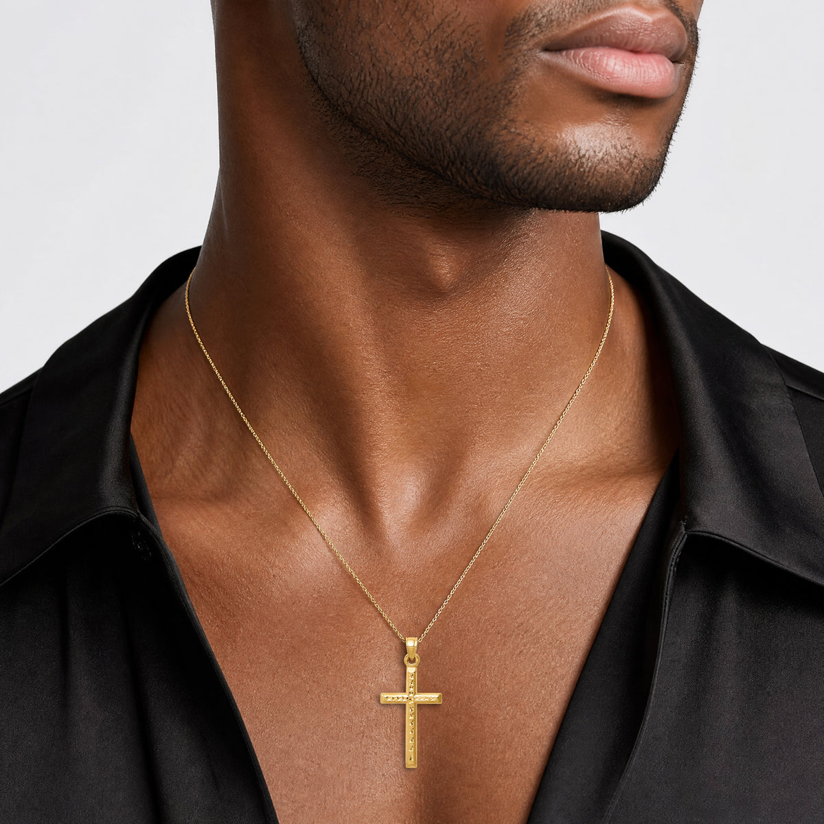 14k Hollow Diamond-cut Cross Pendant - Model Shot