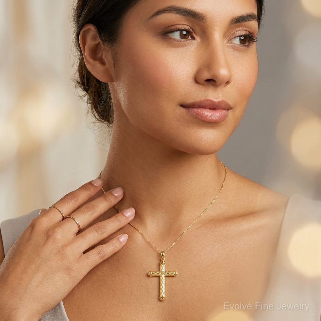 14k Hollow Diamond-cut Cross Pendant - Model Shot