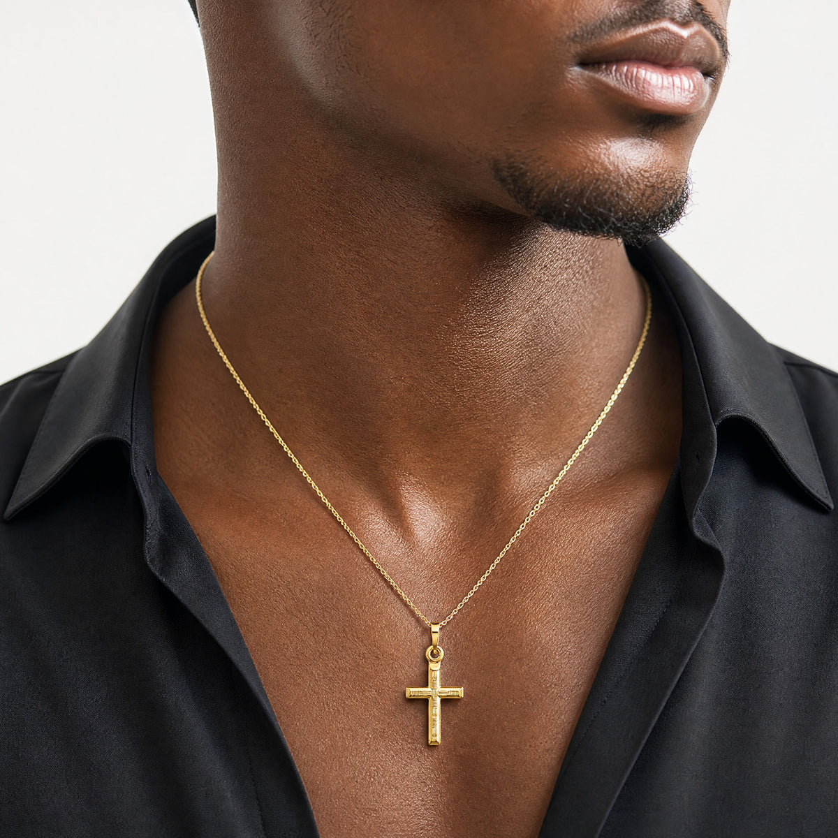 14k Hollow Diamond-cut Cross Pendant - Model Shot