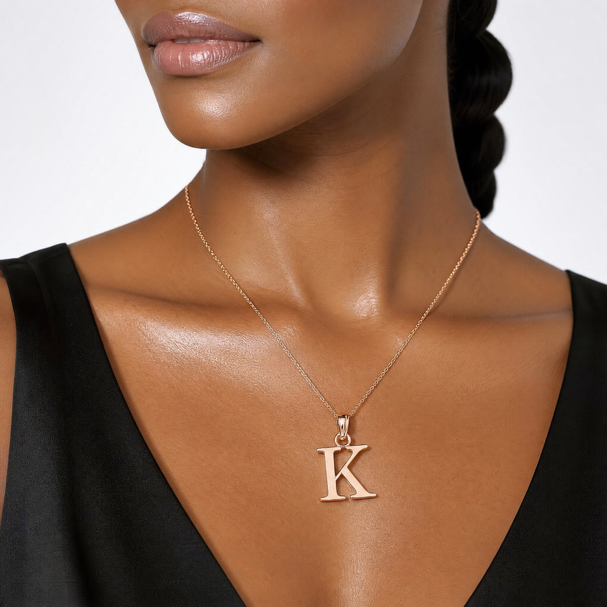 14K Rose Gold Polished Block Letter K Initial Pendant - Model Shot