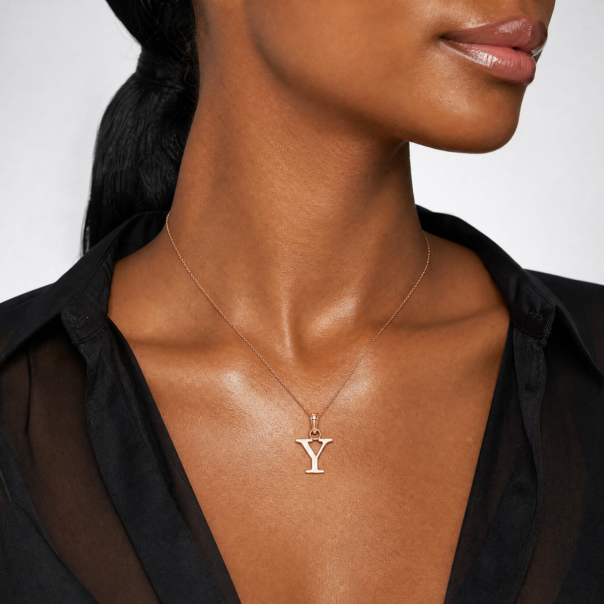 14K Rose Gold Polished Block Letter Y Initial Pendant - Model Shot