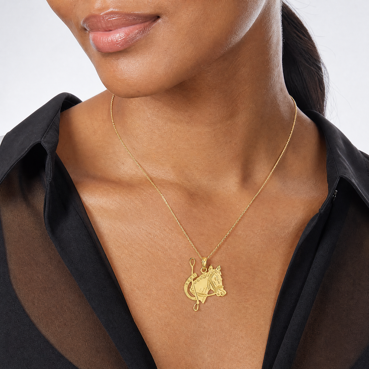 14K Textured Horse Head and Shoe Charm - Model Shot