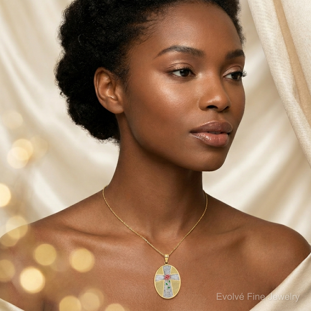 14K w/ Rhodium Enamel Rose Serenity Prayer Oval Disc Charm - Model Shot