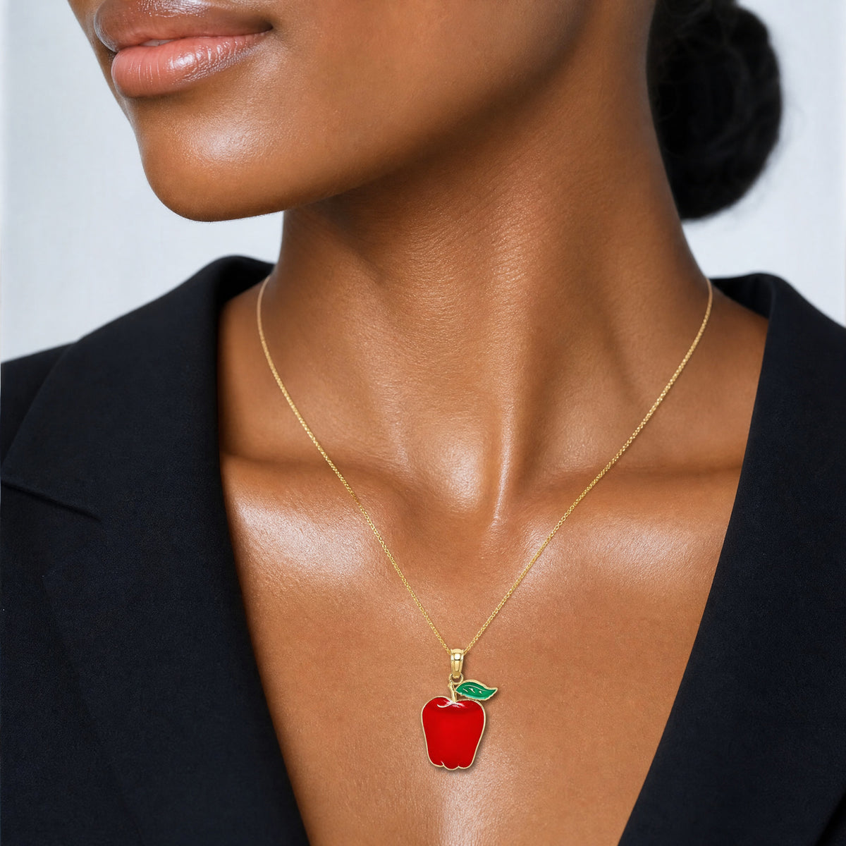 14K Enamel Red Delicious Apple W/Stem and Leaf Charm - Model Shot