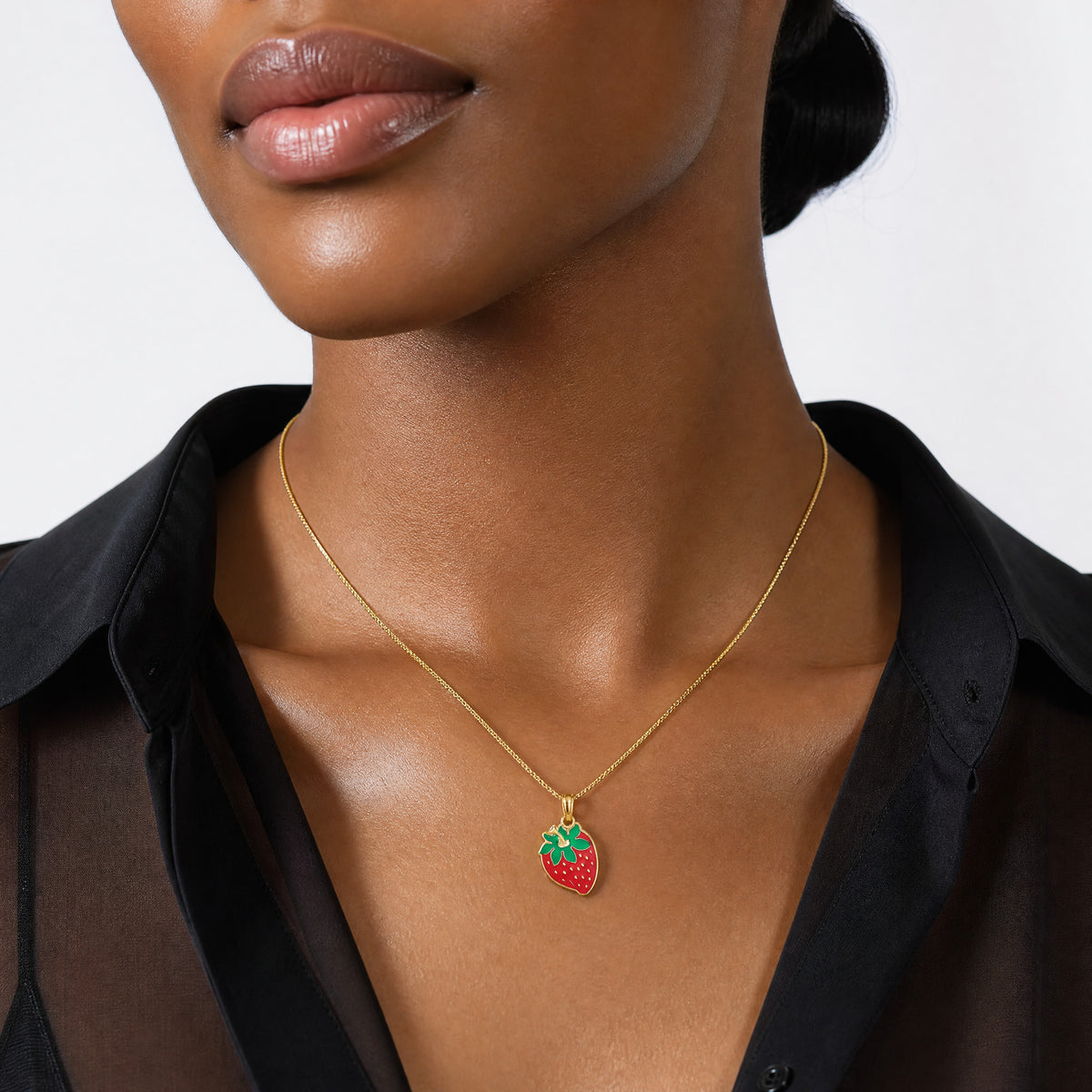 14K W/ Enamel Strawberry With Leaf Charm - Model Shot