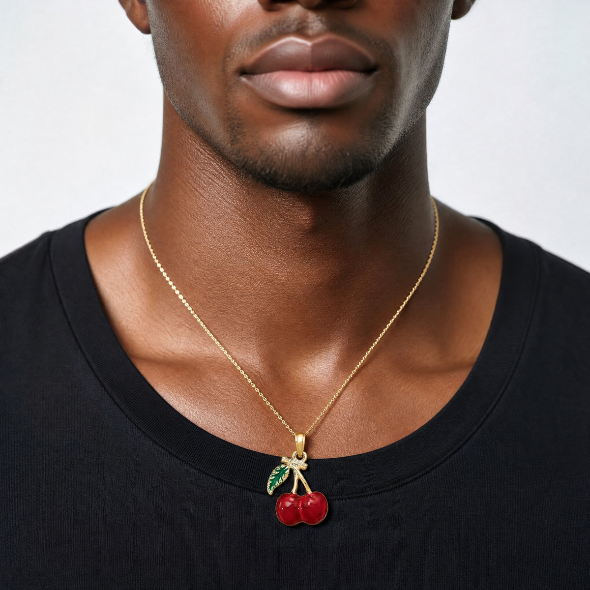 14K 3-D Enamel Cherries W/ Leaf Charm - Model Shot