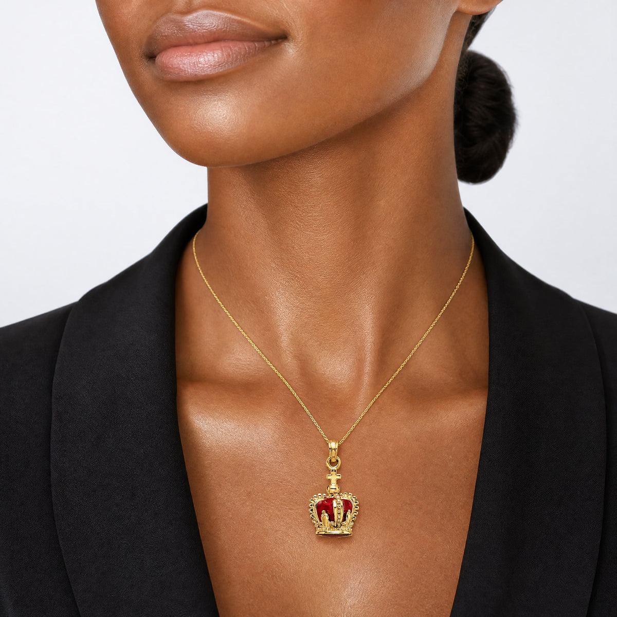 14K 3-D w/ Red Enamel Inside Crown w/ Cross On top Charm - Model Shot