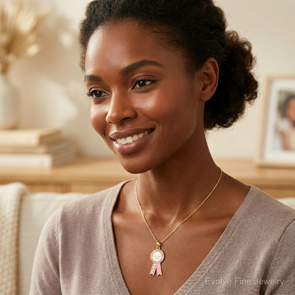 14K Enamel GREATEST MOM Pink RIBBON Charm - Model Shot