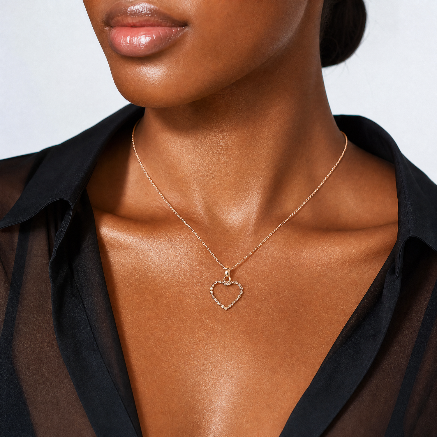 14K Rose Gold 3D Polished Rope Heart Pendant - Model Shot