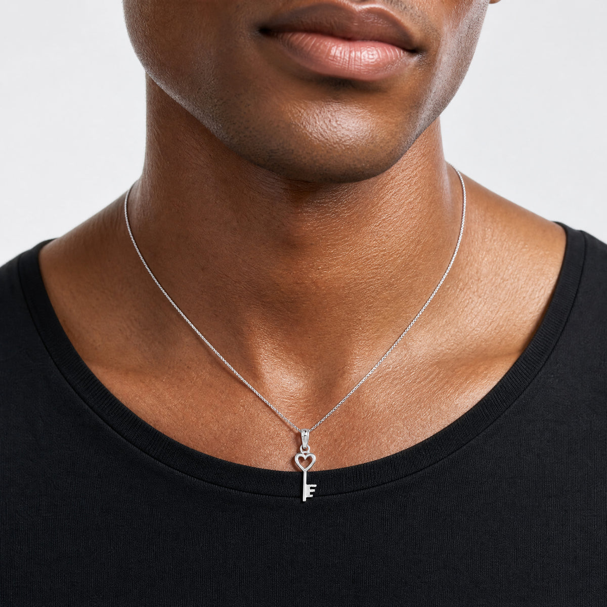 14K White Gold 3D Key w/ Heart Pendant - Model Shot