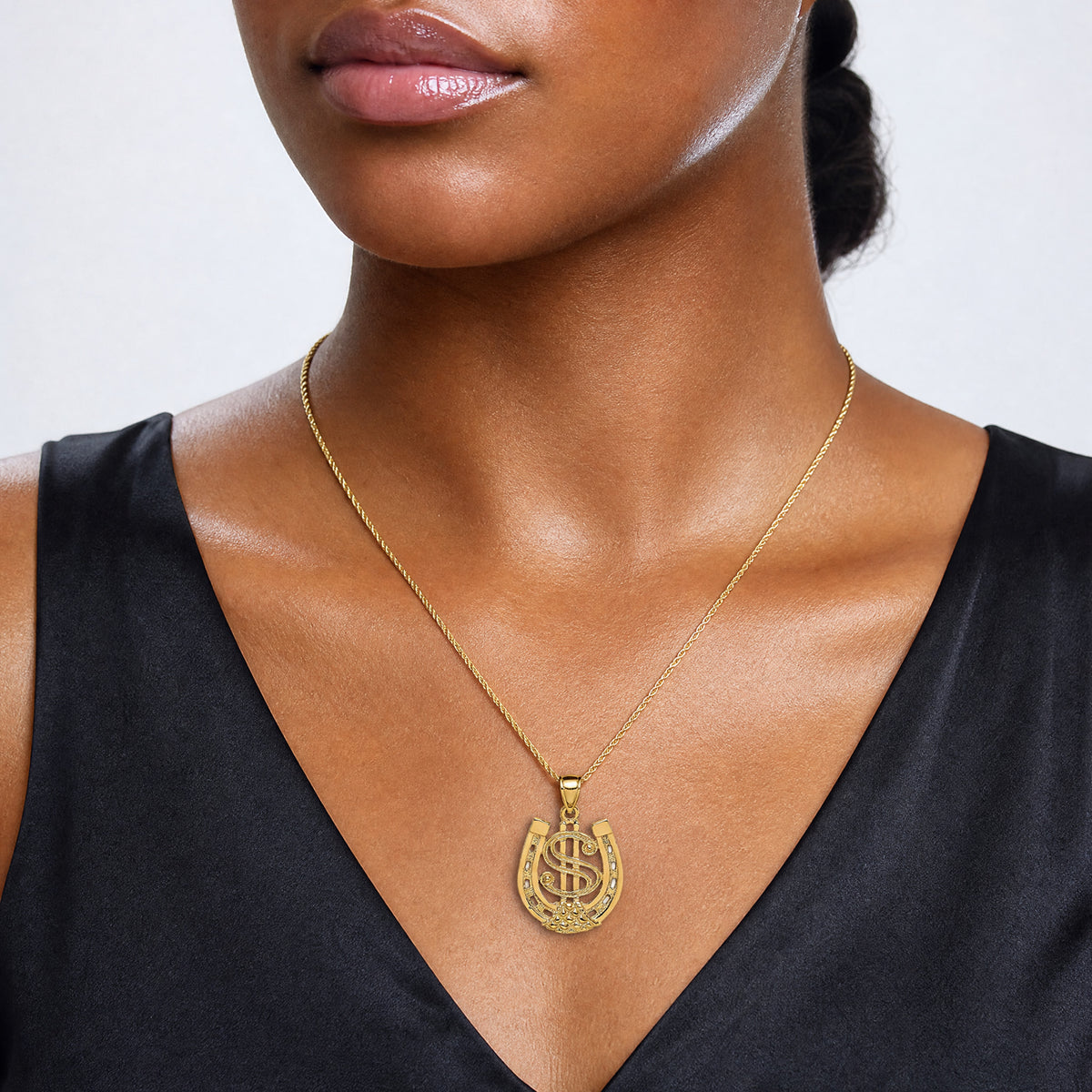 14K Dollar Sign In Horseshoe Charm - Model Shot
