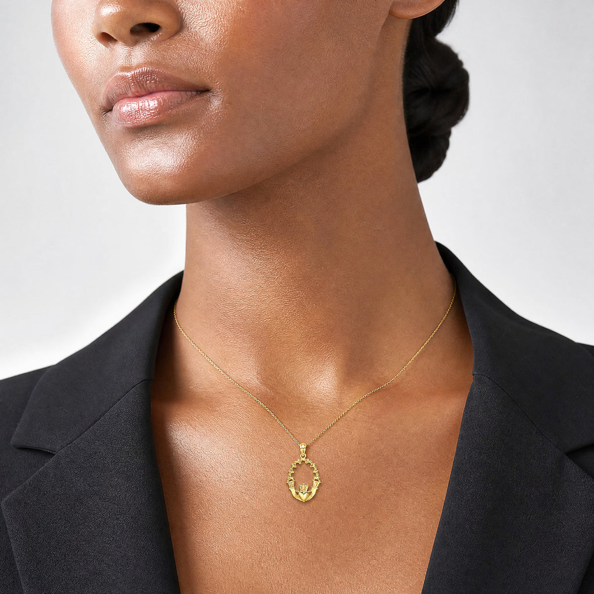 14K Engraved Claddagh In Oval w/ Lace Trim Charm - Model Shot