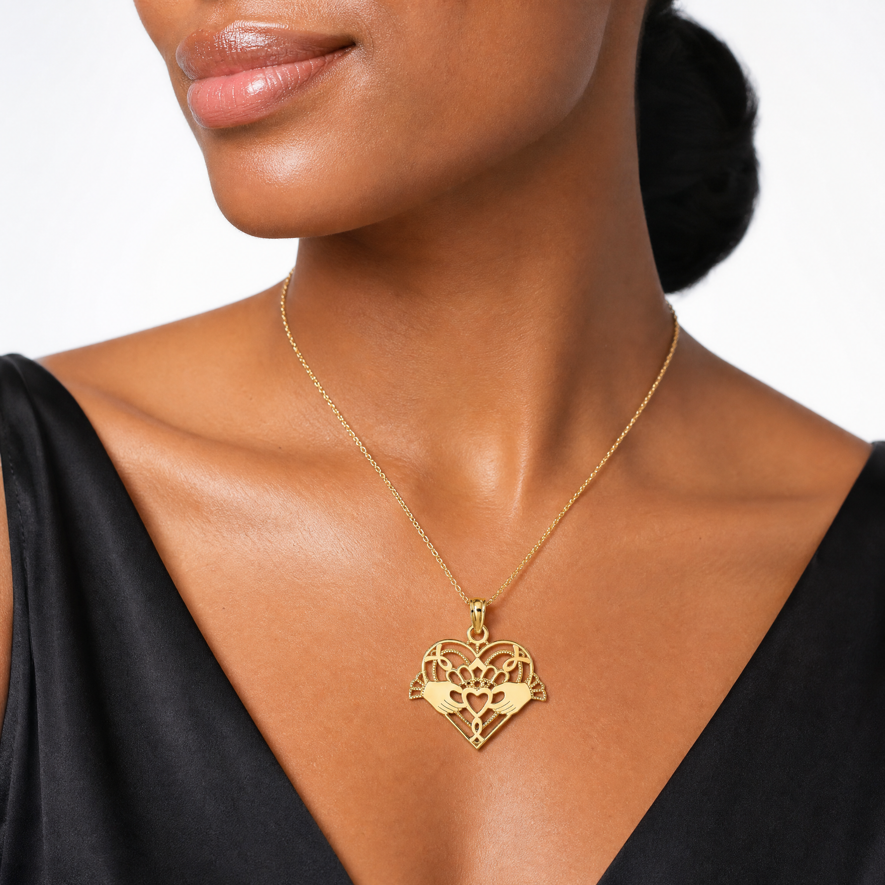 14K Polished and Beaded Claddagh In Heart Charm - Model Shot