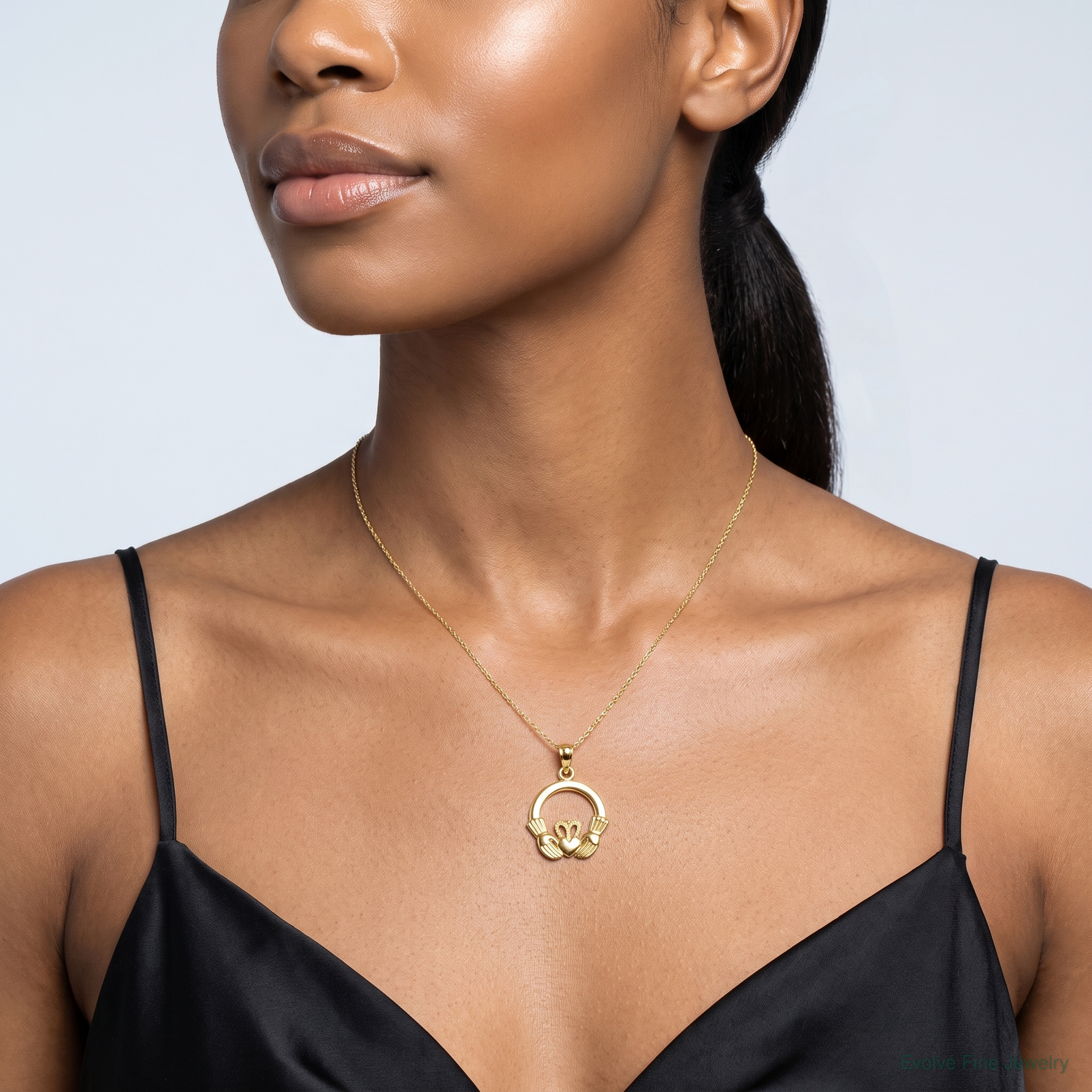 14K Polished Round Claddagh Charm - Model Shot