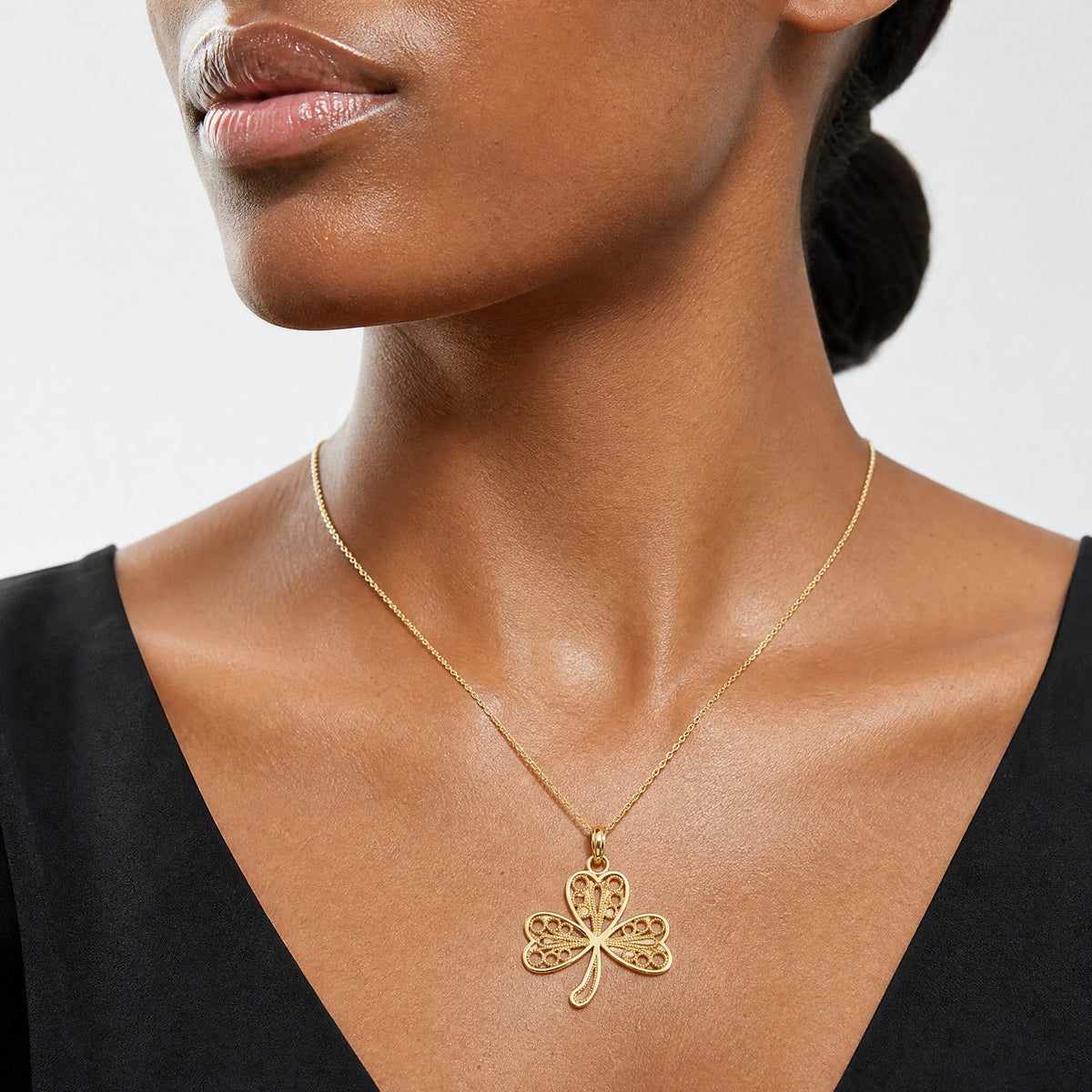 14K Filigree 3-Leaf Clover Charm - Model Shot