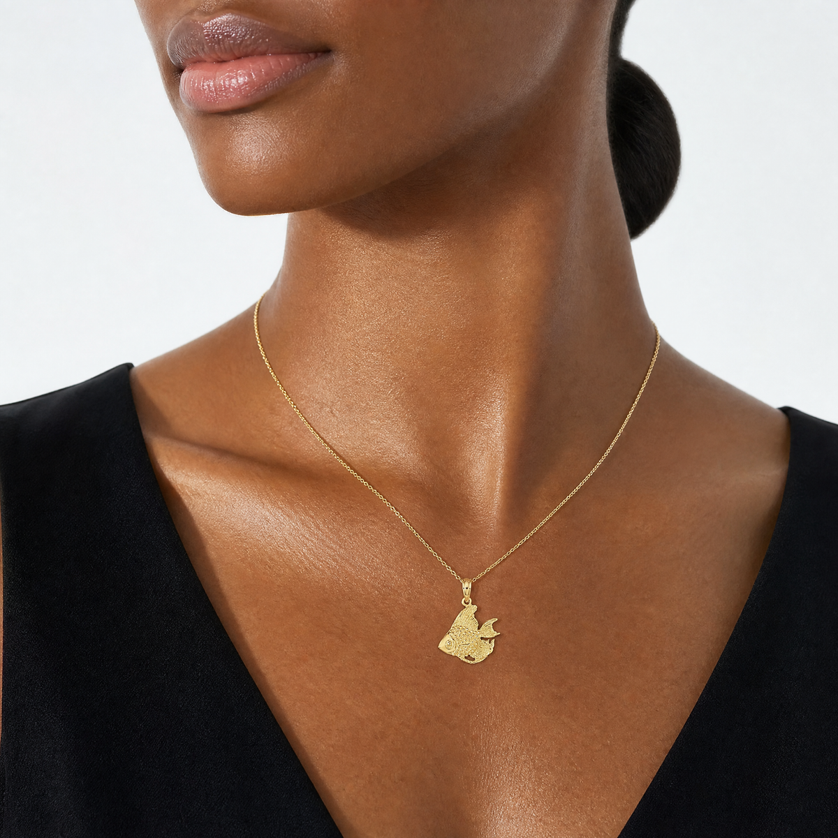 14K Textured Fish Charm - Model Shot