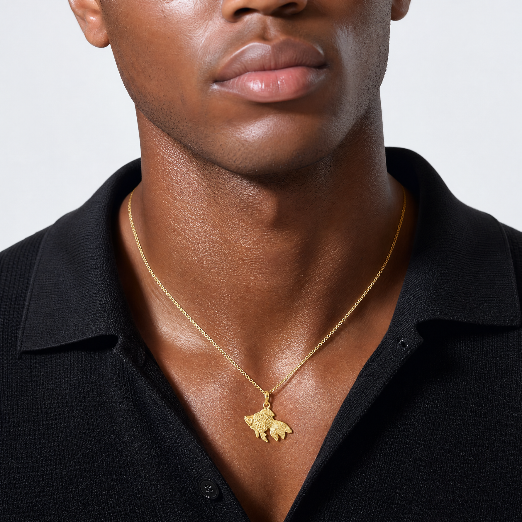 14K Textured Gold Fish Charm - Model Shot