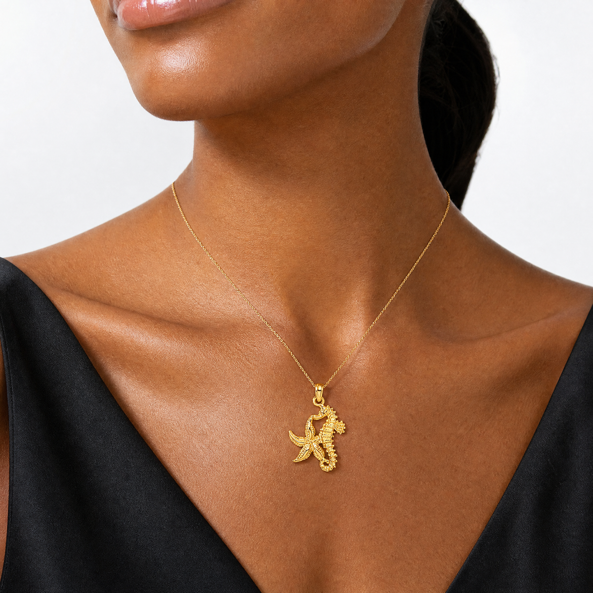 14K Starfish and Seahorse Charm - Model Shot