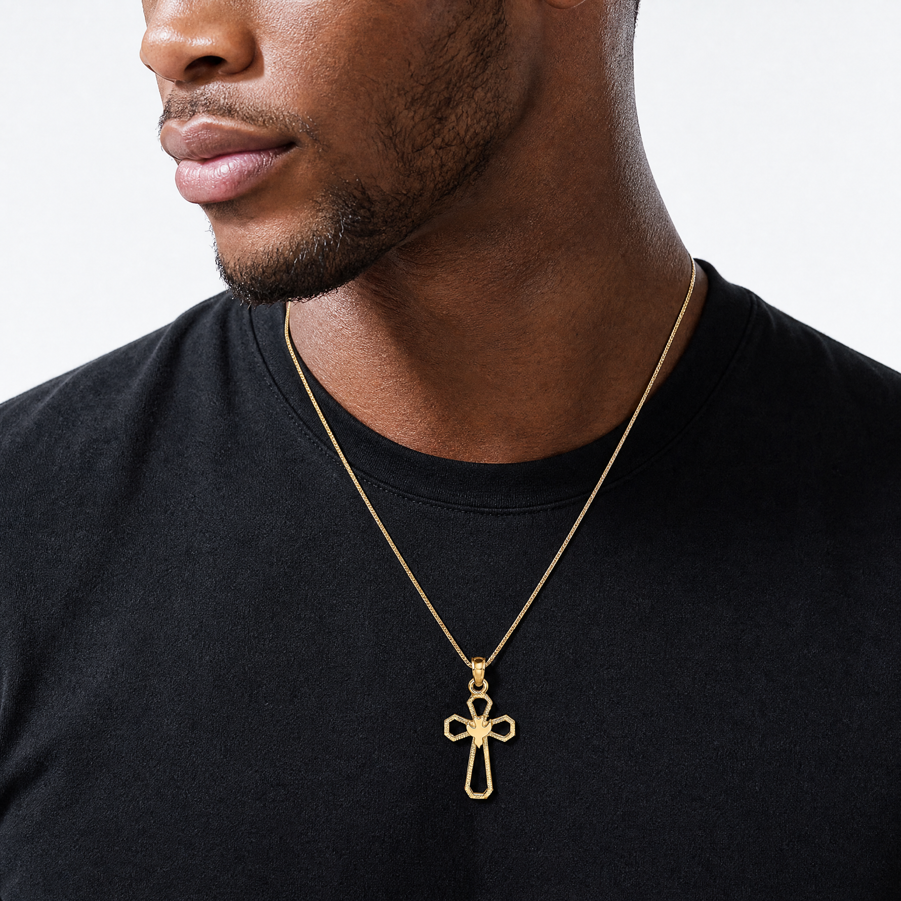 14K Cut-Out Cross w/ Dove Charm - Model Shot