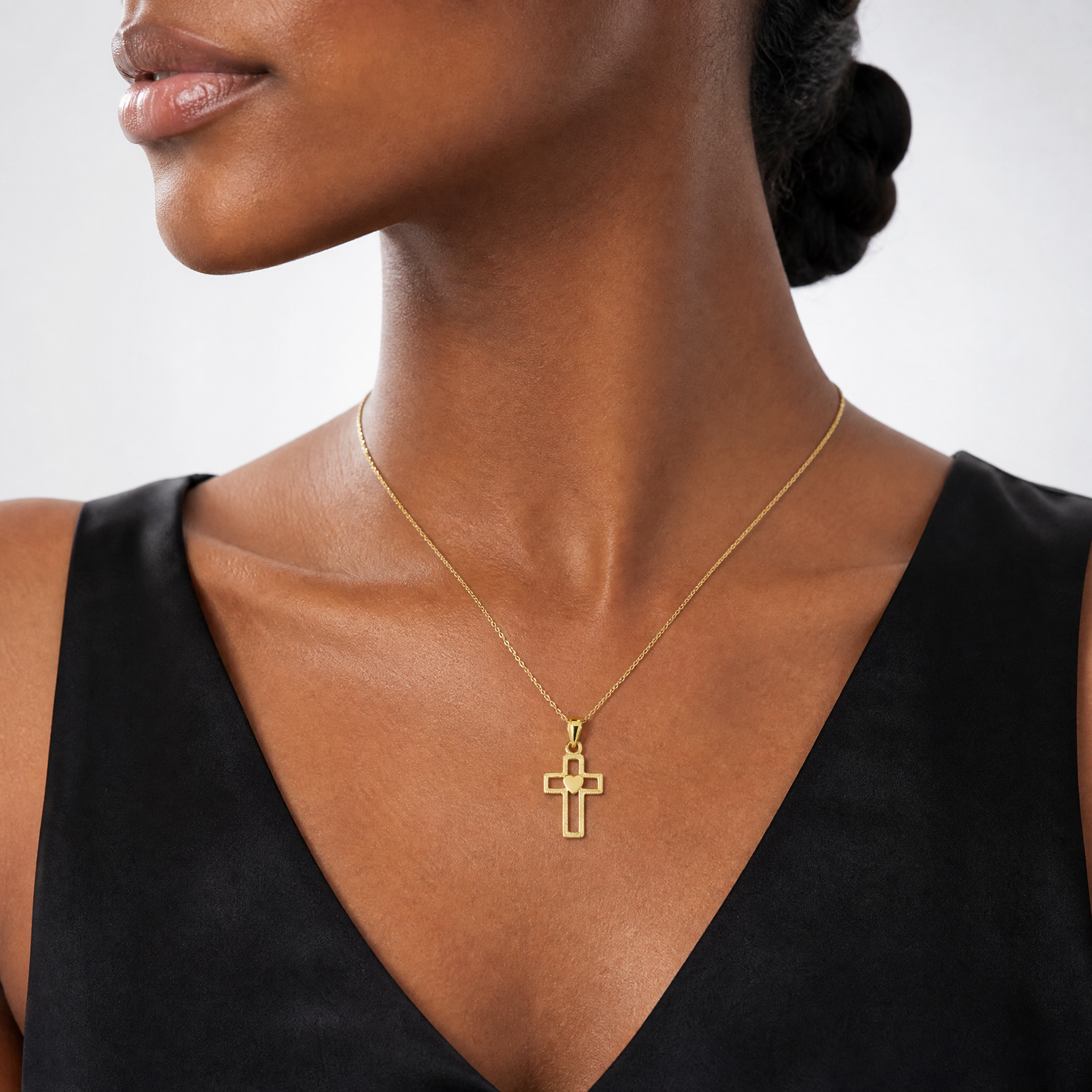 14K Cut-Out Cross w/ Heart Charm - Model Shot