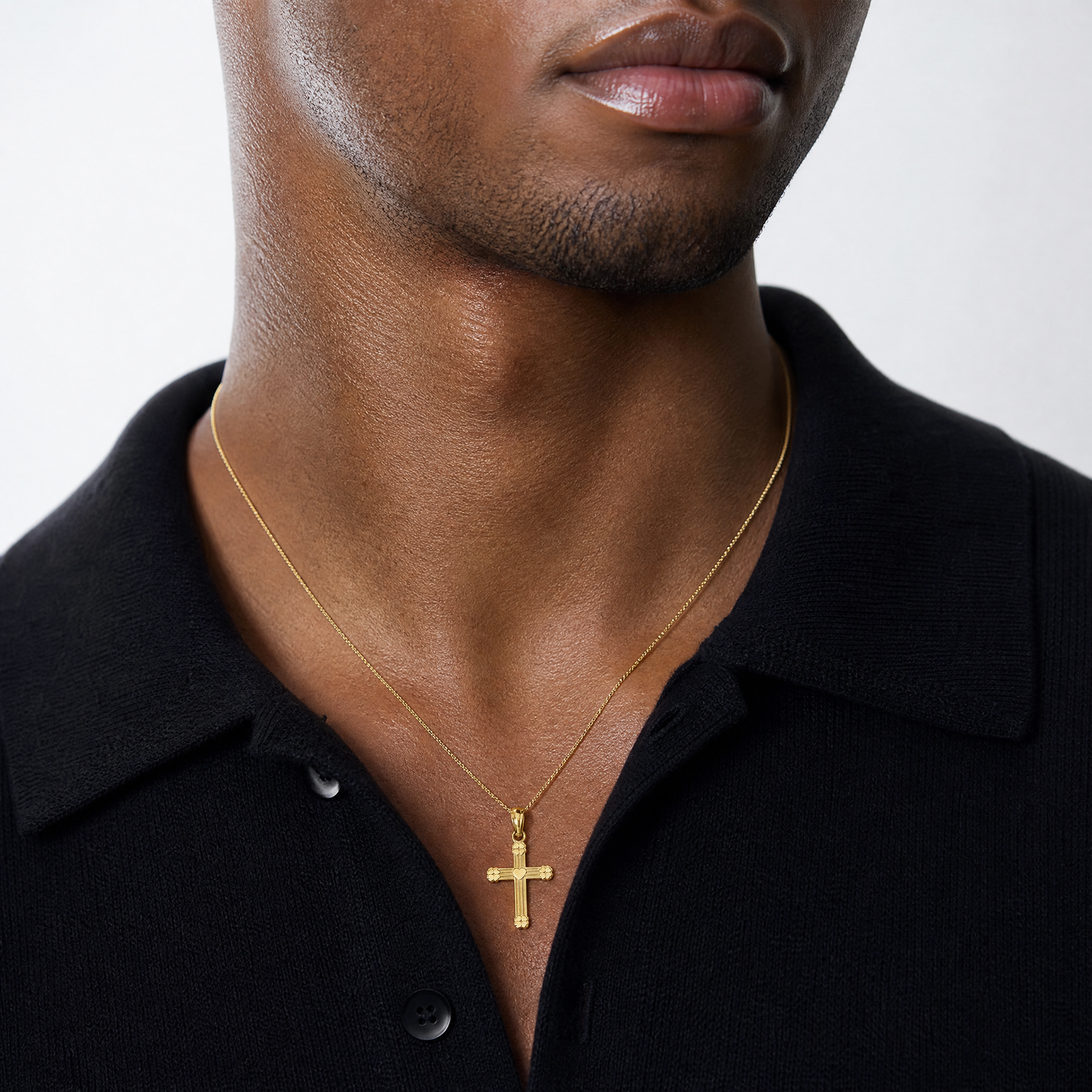 14K Textured w/ Center Heart Small Cross Charm - Model Shot