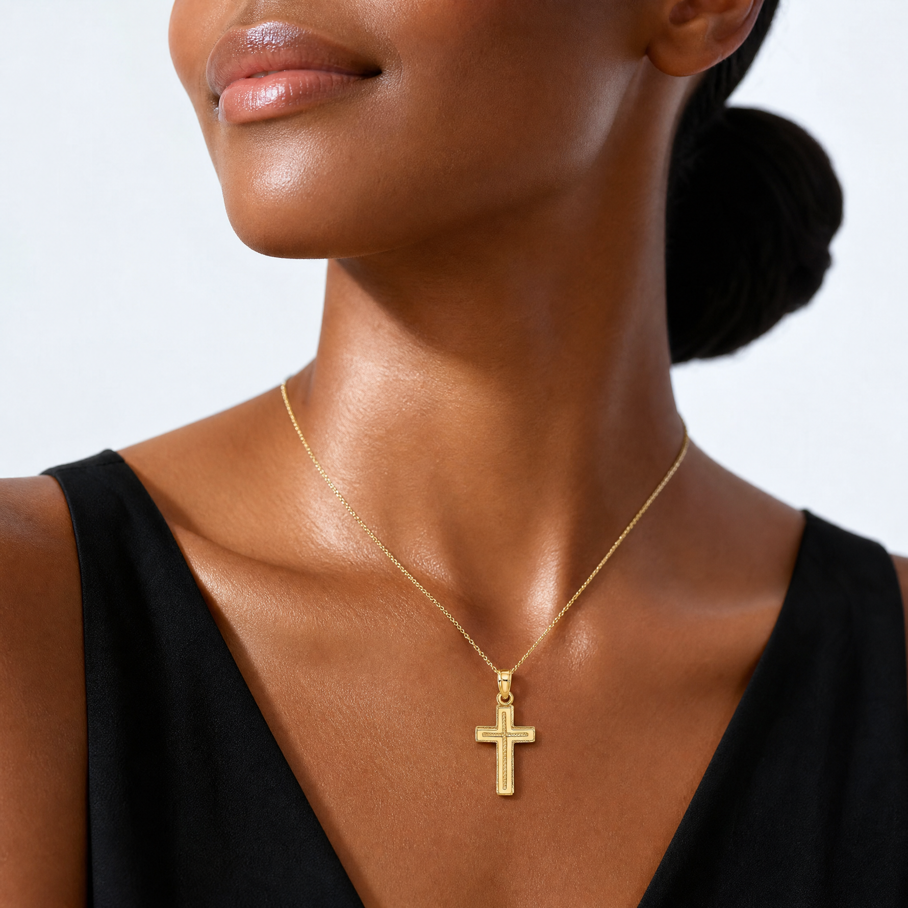 14K 2-D Polished Textured Cross Charm - Model Shot