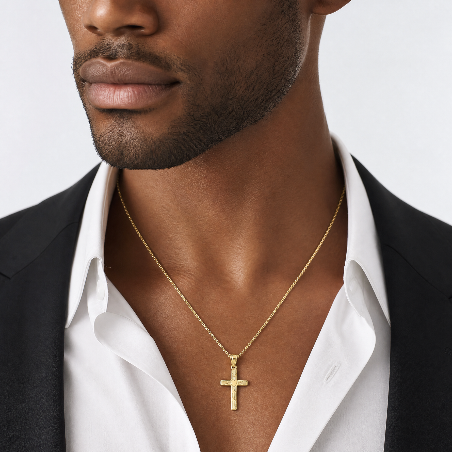 14K Polished and Engraved Cross W/ Heart Center Charm - Model Shot
