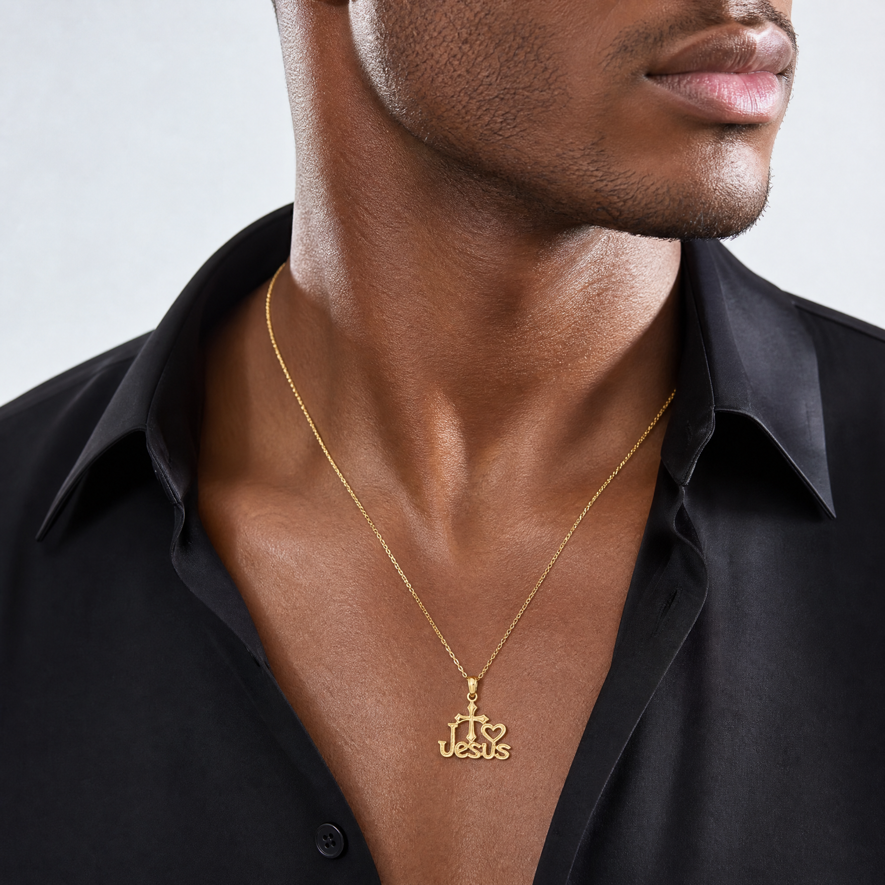 14K JESUS W/ Cross and Heart Charm - Model Shot